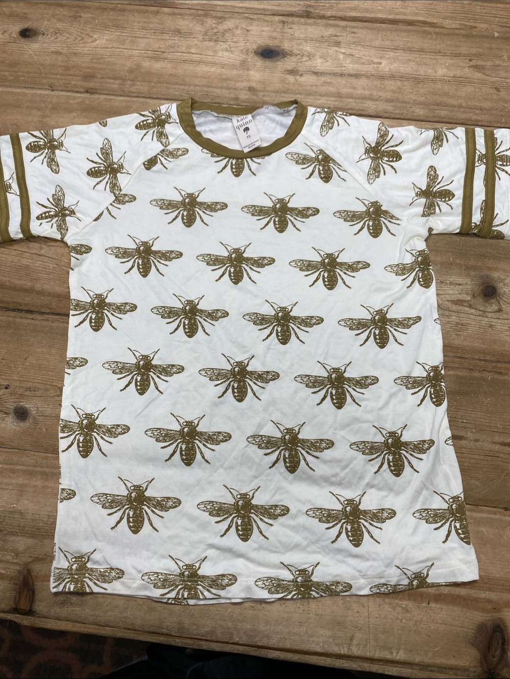 kate quinn White Bee Print Ringer Tee with Olive Accents